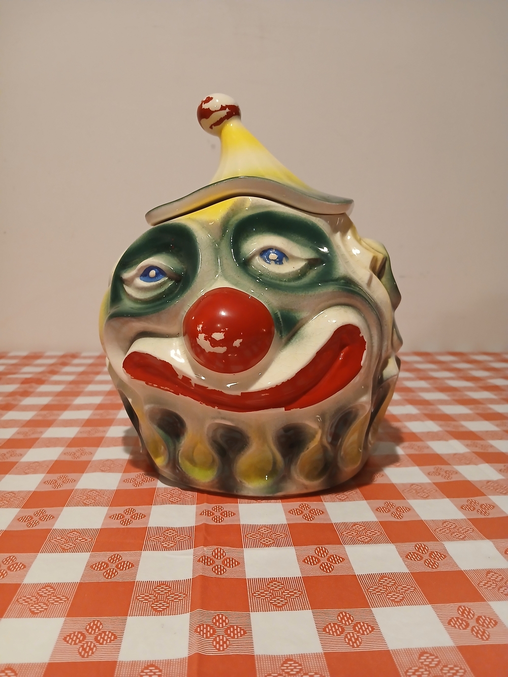 Rare Vintage 70's McCoy Multicolor Ceramic Sad Clown Cookie Jar with Lid